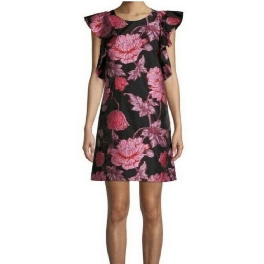 Black Floral Mini Dress short flutter sleeve